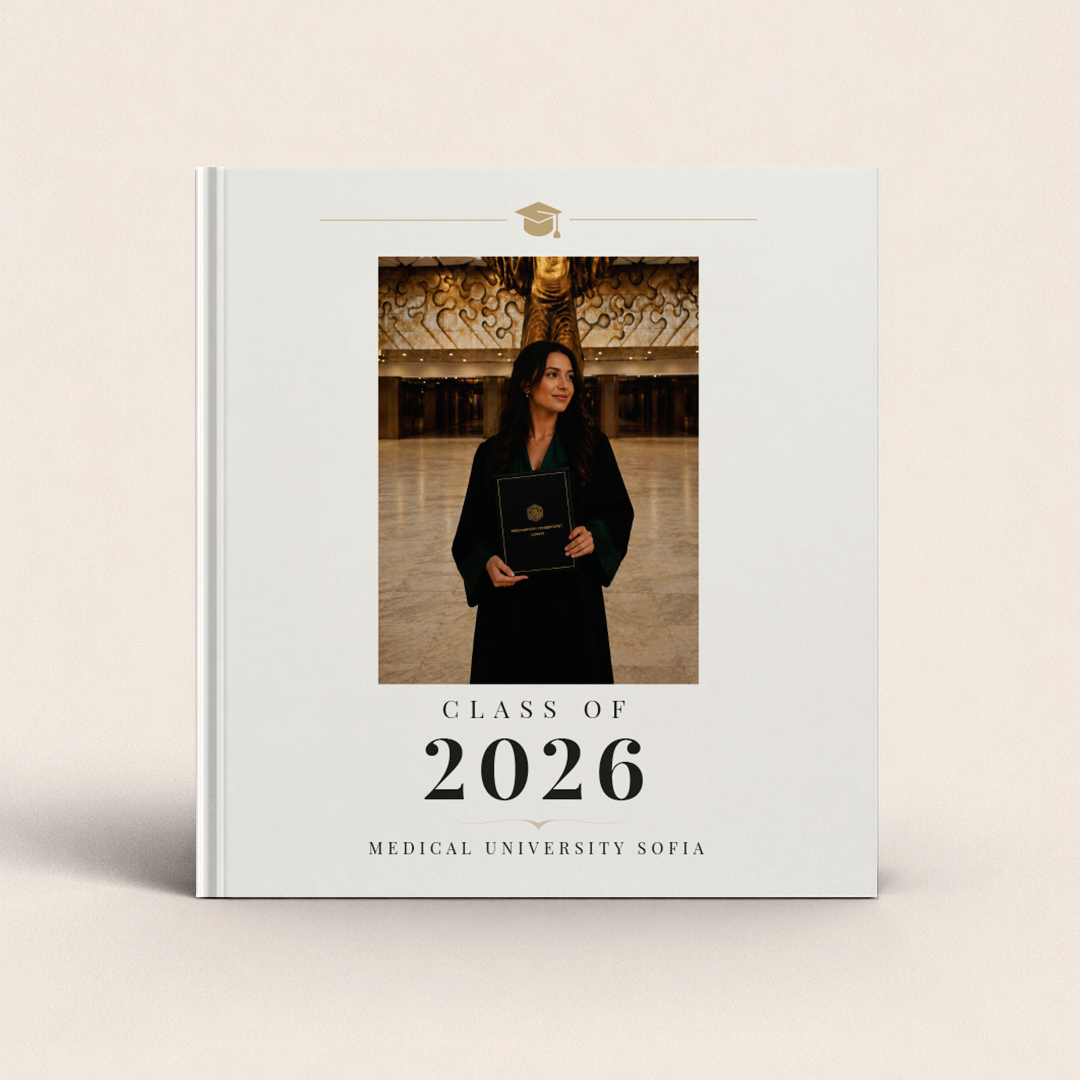 Personalised graduation photo book for Class of 2026 elegant white hardcover photobook cover.